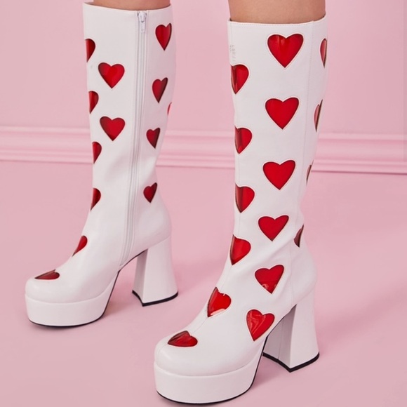 Sugar Thrillz RETRO ROMANCE White With Red clear heart GO GO BOOTS Size 7 - Picture 3 of 16
